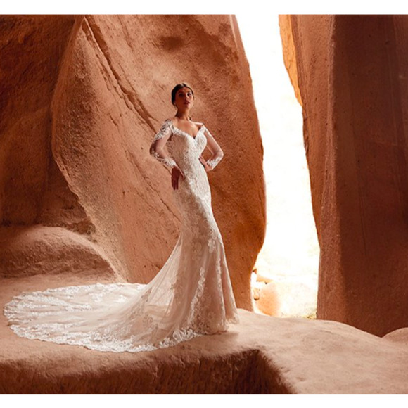 Eddy K Wedding Dress Long Sleeve Lace Fit & Flare Off-Shoulder Illusion Neckline - Picture 2 of 8